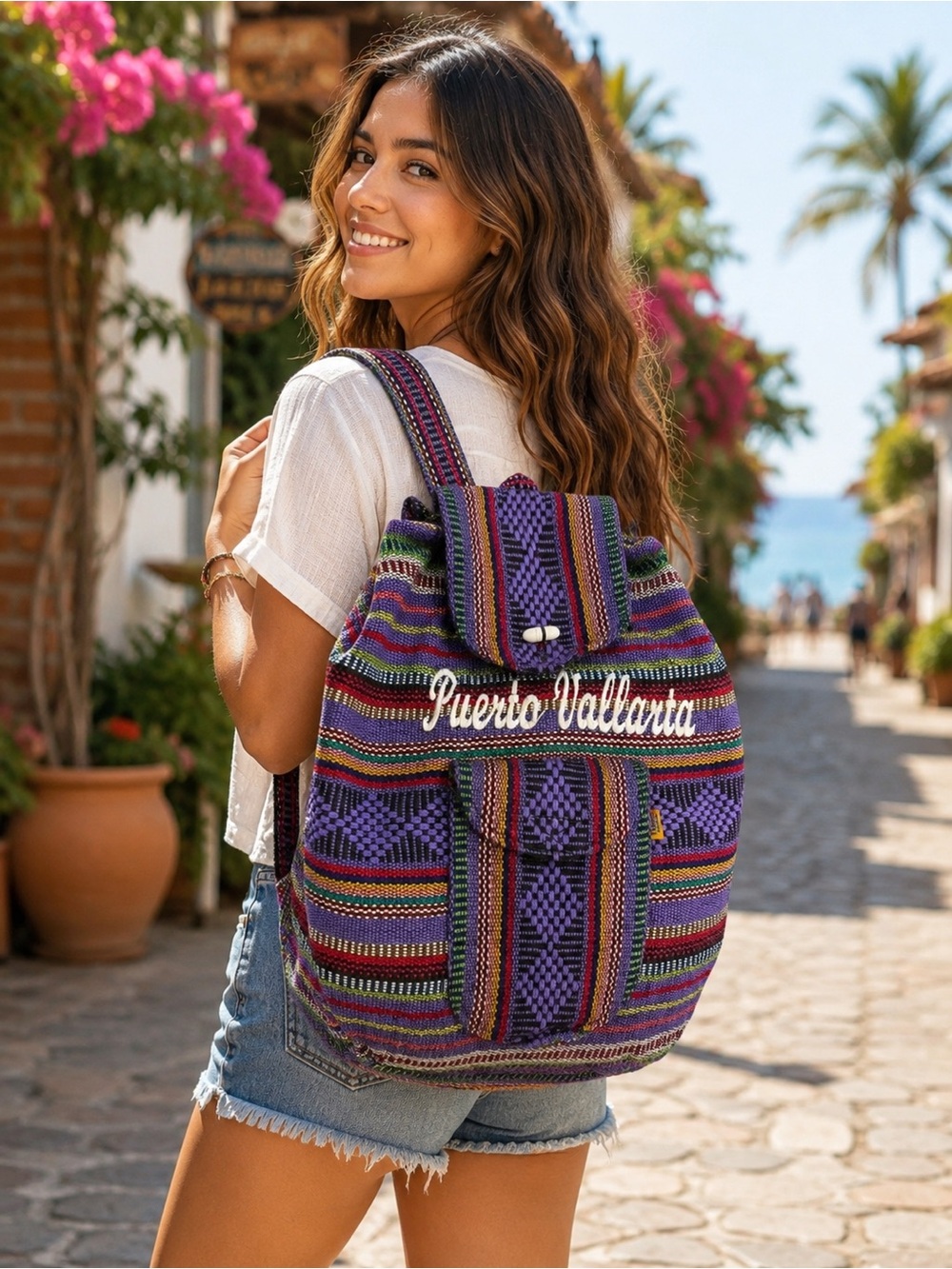 Colorful Woven Boho Backpack Ethnic Festival Travel Daypack Drawstring Bag Large